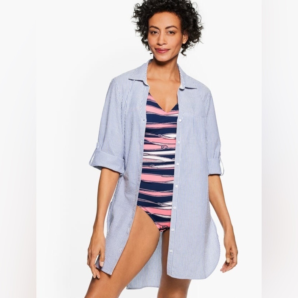 Talbots Miraclesuit Crinkle Gauze Seersucker Oversized Button Down Beach Shirt‎